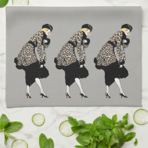 Vintage-Art-Déco-Dame in Leopardenprint-Jacke Geschirrtuch