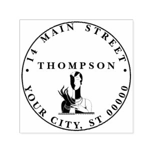 Vintage Art-Deco-Dame mit Perlen-schwarzer Adresse Permastempel