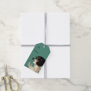Vintage Art Deco Dame Schmetterling Hübsche Blumen Geschenkanhänger