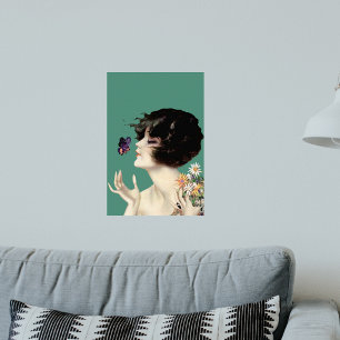 Vintage Art Deco Dame Schmetterling Hübsche Blumen Poster