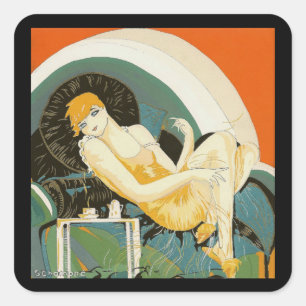 Vintage-Art-Déco-Darstellung einer auf einem Sofa  Quadratischer Aufkleber