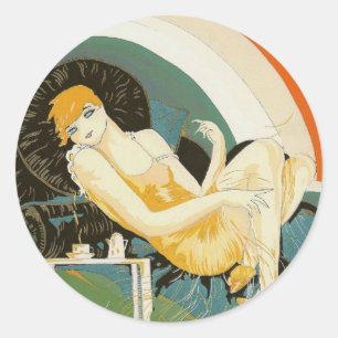 Vintage-Art-Déco-Darstellung einer auf einem Sofa  Runder Aufkleber