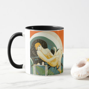 Vintage-Art-Déco-Darstellung einer auf einem Sofa Tasse