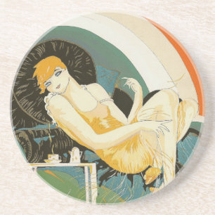 Vintage-Art-Déco-Darstellung einer Frau, die auf e Untersetzer