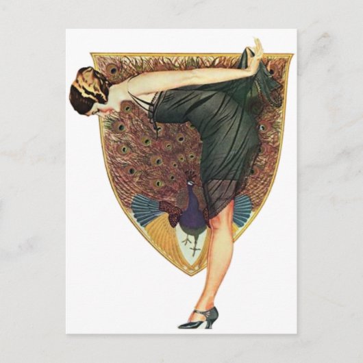Vintage Art Deco Flapper mit Pfau Postkarte (Vorderseite)
