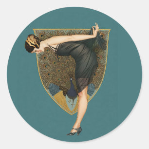 Vintage Art Deco Flapper mit Pfau Runder Aufkleber