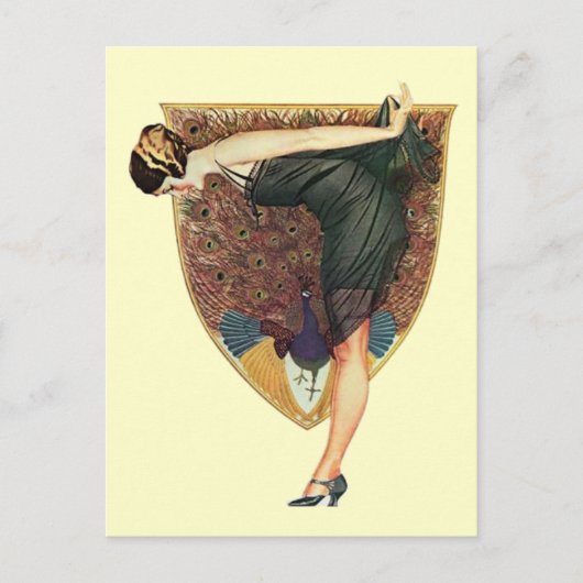 Vintage Art Deco Flapperin mit Pfau Postkarte (Vorderseite)