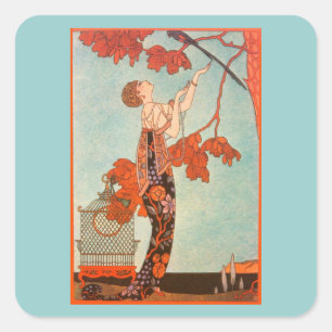 Vintage Art Deco, Flighty Bird von George Barbier Quadratischer Aufkleber