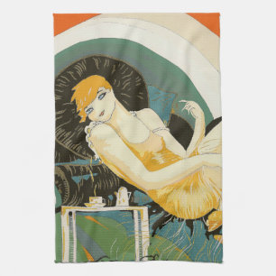 Vintage Art Deco Frau auf Couch liegend, Chompre Geschirrtuch
