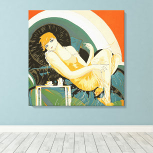 Vintage Art Deco Frau auf Couch liegend, Chompre Leinwanddruck