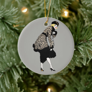 Vintage Art Deco Frau in Leopardenprint-Jacke Keramik Ornament