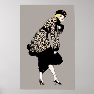 Vintage Art Deco Frau in Leopardenprint-Jacke Poster
