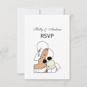 Vintage Art Deco Frau mit Blumen einen Hut tragend RSVP Karte