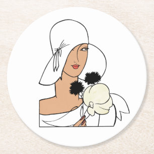 Vintage Art Deco Frau mit Blumen einen Hut tragend Runder Pappuntersetzer