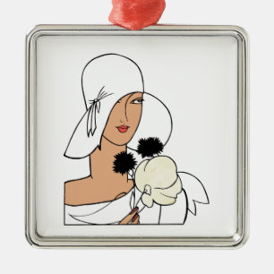 Vintage Art Deco Frau mit Blumen einen Hut tragend Silbernes Ornament