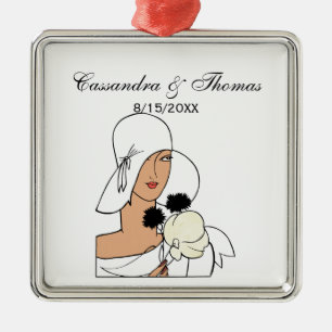 Vintage Art Deco Frau mit Blumen einen Hut tragend Silbernes Ornament