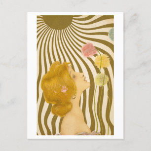 Vintage Art Deco Frau mit Blumen und Sonnenschein Postkarte