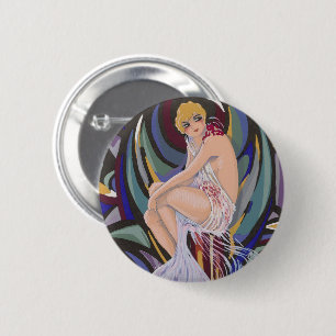 Vintage Art Deco Frau mit Drapes von S. Chompre Button