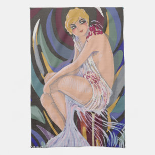 Vintage Art Deco Frau mit Drapes von S. Chompre Geschirrtuch