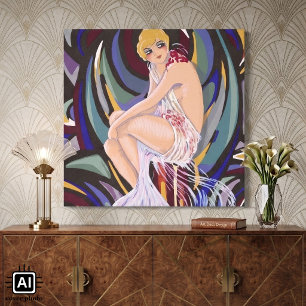 Vintage Art Deco Frau mit Drapes von S. Chompre Leinwanddruck