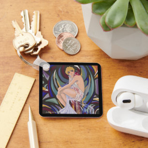 Vintage Art Deco Frau mit Drapes von S. Chompre Schlüsselanhänger