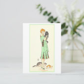 Vintage Art Deco Frau mit drei Katzen Postkarte (Stehend Vorderseite)
