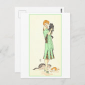 Vintage Art Deco Frau mit drei Katzen Postkarte (Vorne/Hinten)