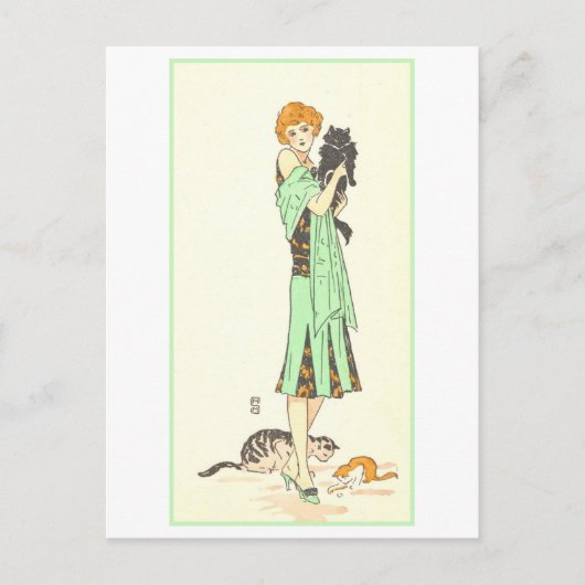 Vintage Art Deco Frau mit drei Katzen Postkarte (Vorderseite)