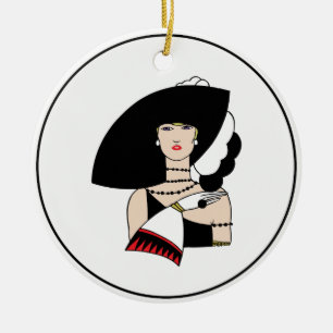 Vintage Art Deco Frau mit Hut Handschuhe Farbe Keramik Ornament
