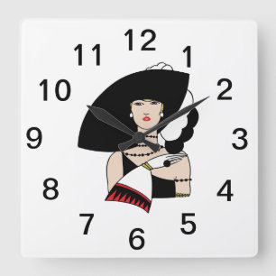 Vintage Art Deco Frau mit Hut Handschuhen in Farbe Quadratische Wanduhr