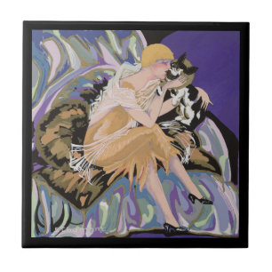 Vintage Art Deco Frau mit Katze von S. Chompre Fliese