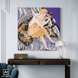 Vintage Art Deco Frau mit Katze von S. Chompre Leinwanddruck