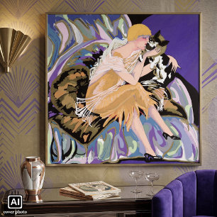 Vintage Art Deco Frau mit Katze von S. Chompre Poster