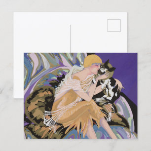 Vintage Art Deco Frau mit Katze von S. Chompre Postkarte