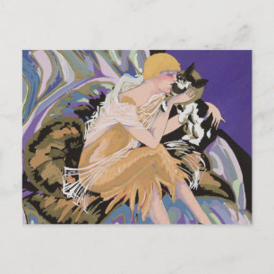 Vintage Art Deco Frau mit Katze von S. Chompre Postkarte