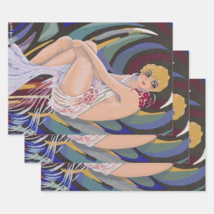 Vintage Art Deco Frau mit Vorhängen von S. Chompre Geschenkpapier Set