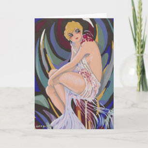 Vintage Art Deco Frau mit Vorhängen von S. Chompre Karte