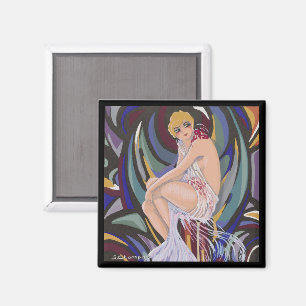 Vintage Art Deco Frau mit Vorhängen von S. Chompre Magnet