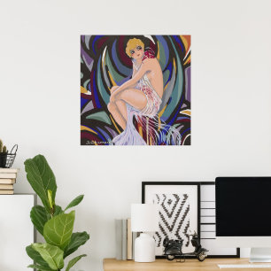 Vintage Art Deco Frau mit Vorhängen von S. Chompre Poster