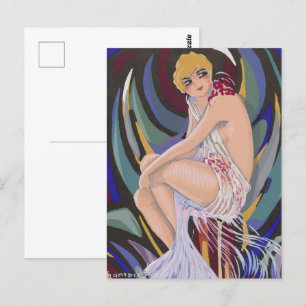Vintage Art Deco Frau mit Vorhängen von S. Chompre Postkarte