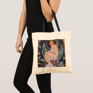 Vintage Art Deco Frau mit Vorhängen von S. Chompre Tragetasche