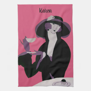 Vintage Art Deco Frau, Nachmittags-Tee und Cupcake Geschirrtuch
