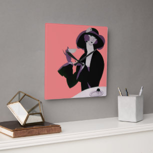 Vintage Art Deco Frau, Nachmittagstee und Cupcake Quadratische Wanduhr