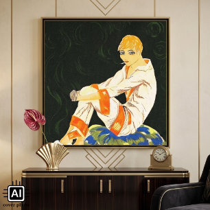 Vintage Art Deco Frau, rauchen von S. Chompre Leinwanddruck