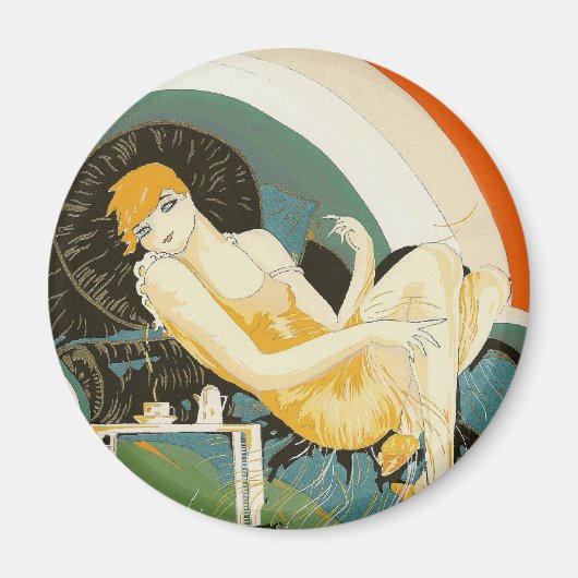 Vintage Art Deco Frau Reclining on Couch, Chompe Magnet (Vorne)