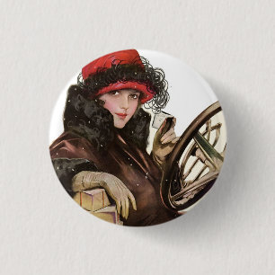Vintage Art Deco Frau roter Hut Automobil Button