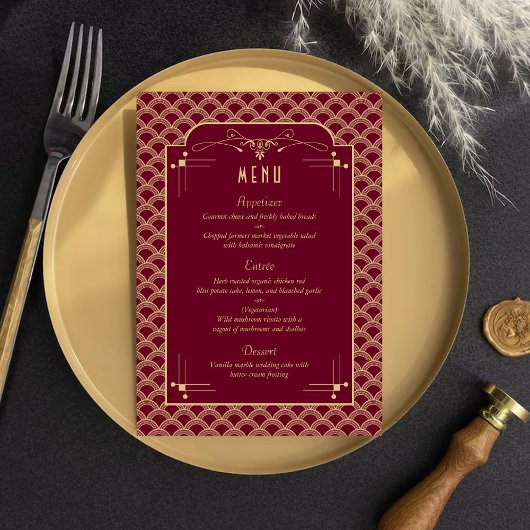 Vintage Art-Deco-Gatsby-Hochzeitsmenü-Karte der 20 Einladung