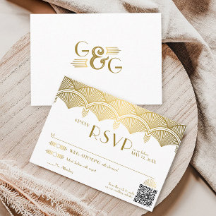 Vintage Art Deco Gold einzigartige QR-Code-Hochzei RSVP Karte
