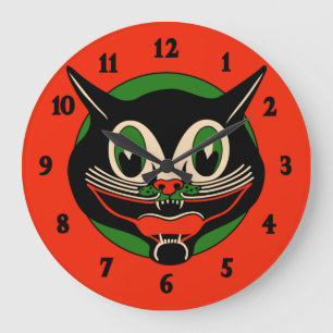 Vintage Art-Déco-Halloween-Katze Große Wanduhr