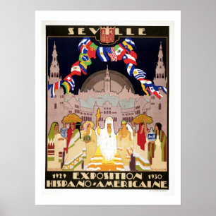 Vintage Art Deco Hispano-Amerikanische Expo Sevill Poster